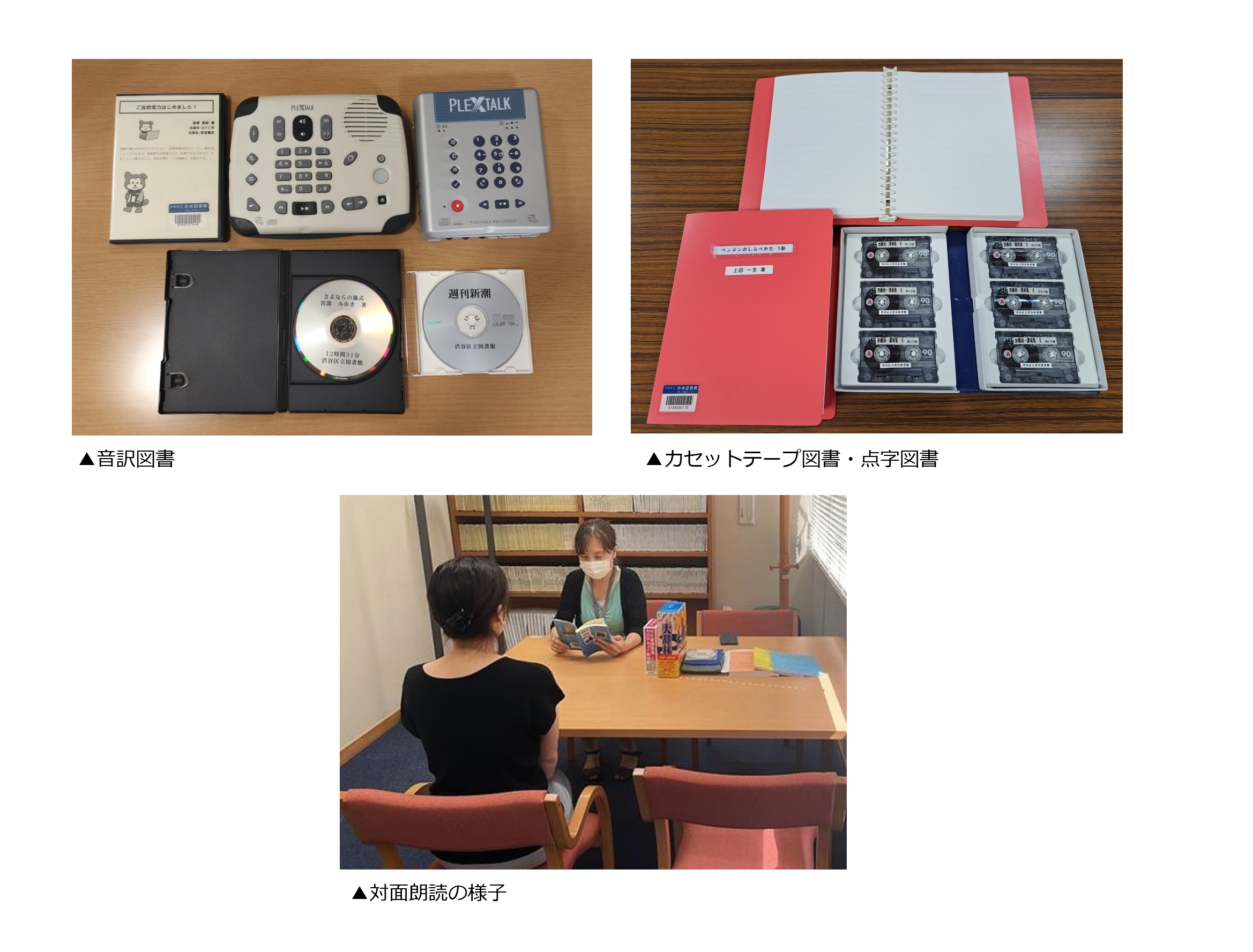 音訳図書・カセットテープ図書・点字図書・対面朗読の様子写真